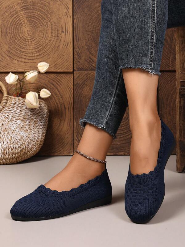 New Round Toe Soft Casual Knit Slip-On Loafers, Breathable & Comfortable, Versatile All Season Mom Shoes For Women