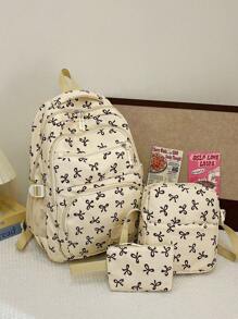 3 Pieces Set Solid Color Nylon Casual Fresh Style Strawberry, Bow Knot, Cherry Allover Printed Lanyard, Foldable Large Capacity Zipper Backpack, Suitable For Women,College Students, Going To School, Shopping, Travel Storage Bag