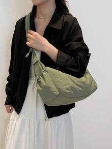 1 Pc Nylon Fabric Multi-Pocket Dumpling Style Casual Pleated Drawstring Crossbody Shoulder Bag For Women, Soft Relaxed Versatile Hobo Look , Green - Olive Green - View 7