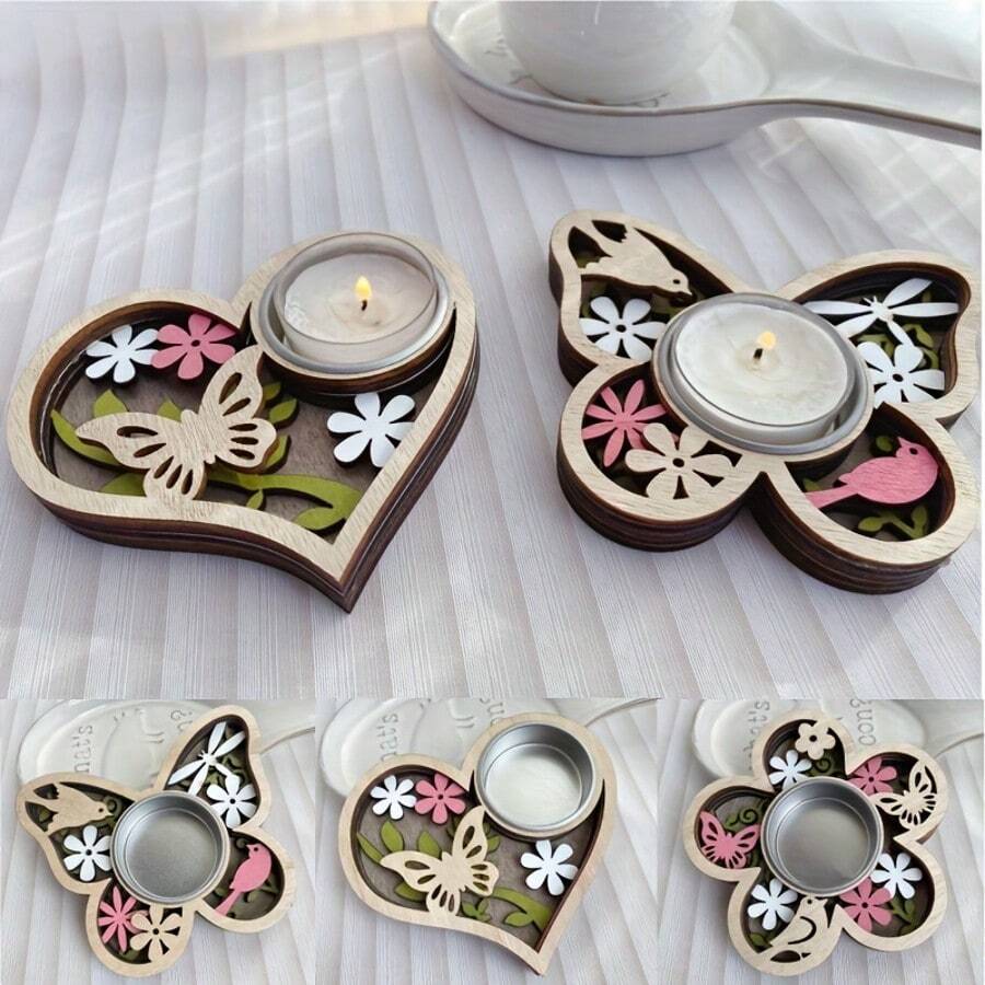 1pc Rustic Wooden Candle Holder - Heart, Butterfly & Flower Shapes For Garden, Wedding, Party Decor - Meditation Atmosphere Enhancer - Ideal Holiday Gift, Meditation Decor|Vintage Wooden Holder|Elegant Candle Holder, Candle Holder Deco