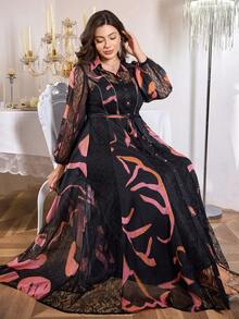 Plus Size Elegant Lace Random Print 2pcs Dress Set - Black - View 7