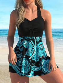 Conjunto De Traje De Baño Con Estampado Floral,Falda Con Abertura Y Cordón Cruzado Para Mujer,Traje De Baño Dos Piezas Estampado Para Mujer - Azul - Ver 3