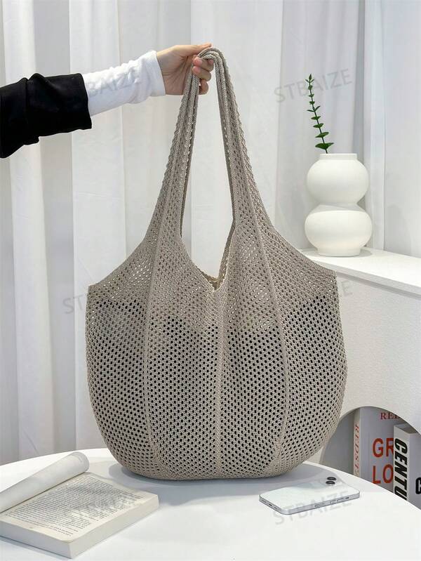 ENBEI Women's Stylish And Elegant Tote Bag, Holiday Beach Bag, Hollow Knitted Beach Bag Simple Crochet Bag Love Casual Hollow Pattern Crochet Bag Holiday Style Suitable For Teenage Girls College Students Very Suitable For College, Outdoor, Travel, Outing, Leisure Vacation, Beach Bag, Shoulder Bag, Handbag, Very Suitable For Beach Vacation, Shopping And Vacation Essentials, Perfect Match With Women's Holiday Clothing