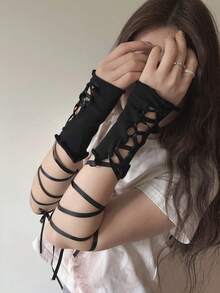 1 双女士个性化破洞露指保暖袖套，深色性感狂欢派对万圣节泫雅风格，适合日常穿着 - 黑色 - 查看 5