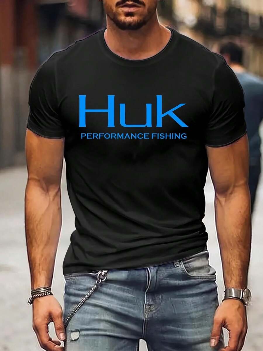 Huk Performance Fishing Men's Casual Short Sleeve T-Shirt - Black With Blue Logo Print, All-Season Comfort, Machine Washable, Regular Fit For Fishing & Outdoor Activities, Fishing Shirt, Durable Fabric,100% Pure Cotton Short Sleeved Shirt, Suitable For Summer, Loose Casual Round Neck, Men's Letter Printed T-Shirt - Black - View 1
