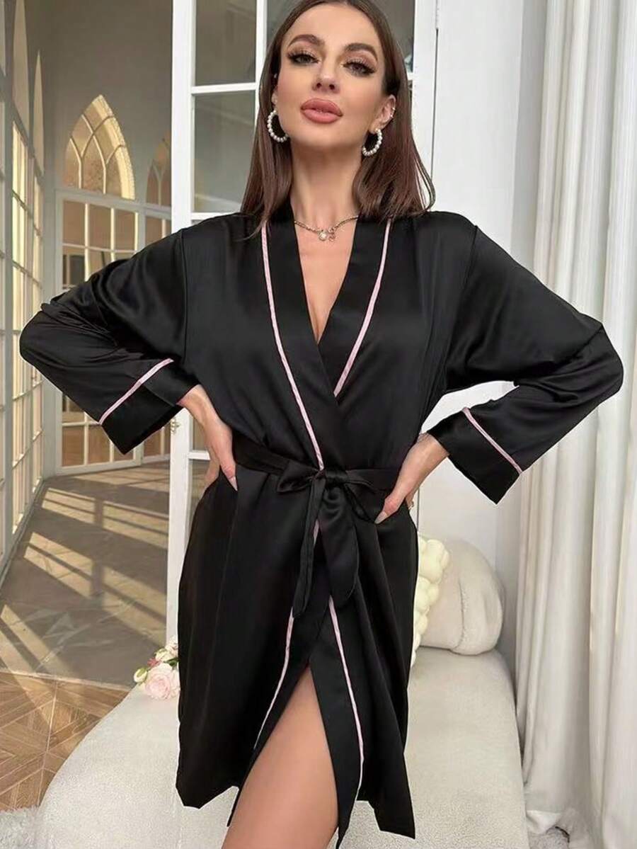 Women's European Style Home Sleepwear - V-Neck Pajama Set, Silk Nightgown & Robe Back To School - Multicolor - View 1