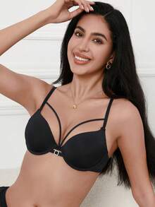 Women's Casual Comfort Minimalist Underwire Non-Removable Padded Sports Bra, Supportive Knit Fabric Sexy Bralette - Black - View 5