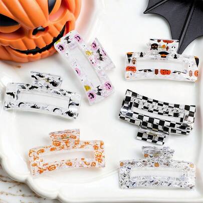 3pcs/6pcs Halloween Bat, Skeleton, Pumpkin, Witch Hat Print Hair Clips, Suitable For Masquerade, Party Decorations Fashion Hair Accessories Beauty Claw Clips Boho Hair Claw Fall Winter For Vacation Outfits Woman