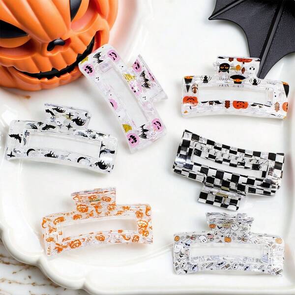 3pcs/6pcs Halloween Bat, Skull, Pumpkin, Witch Hat Printed Hair Clips, Suitable For Masquerade, Party Decoration Hair Accessories Fashion Claw Clips Ladies Hair Clamps Casual Hair Jaw Clip Autumn Accessories Fall Fashion Hair Claw Winter For Vacation Outfits Woman