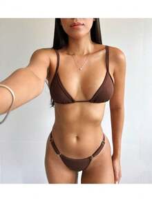 Women's Ribbon Bikini Bronze Adjustment Summer Carnival Beachwear Set - 鏽棕色 - 查看 1