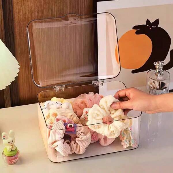 1pc Jewelry Storage Box, Flip-Cover Transparent Dust-Proof Box For Hairpins, Hair Ties, Hair Claw, Desk Organizer, Portable & Stackable For Drawer, Vanity, Bathroom For Women Storage Organizer Travel Essentials Gift Back To School