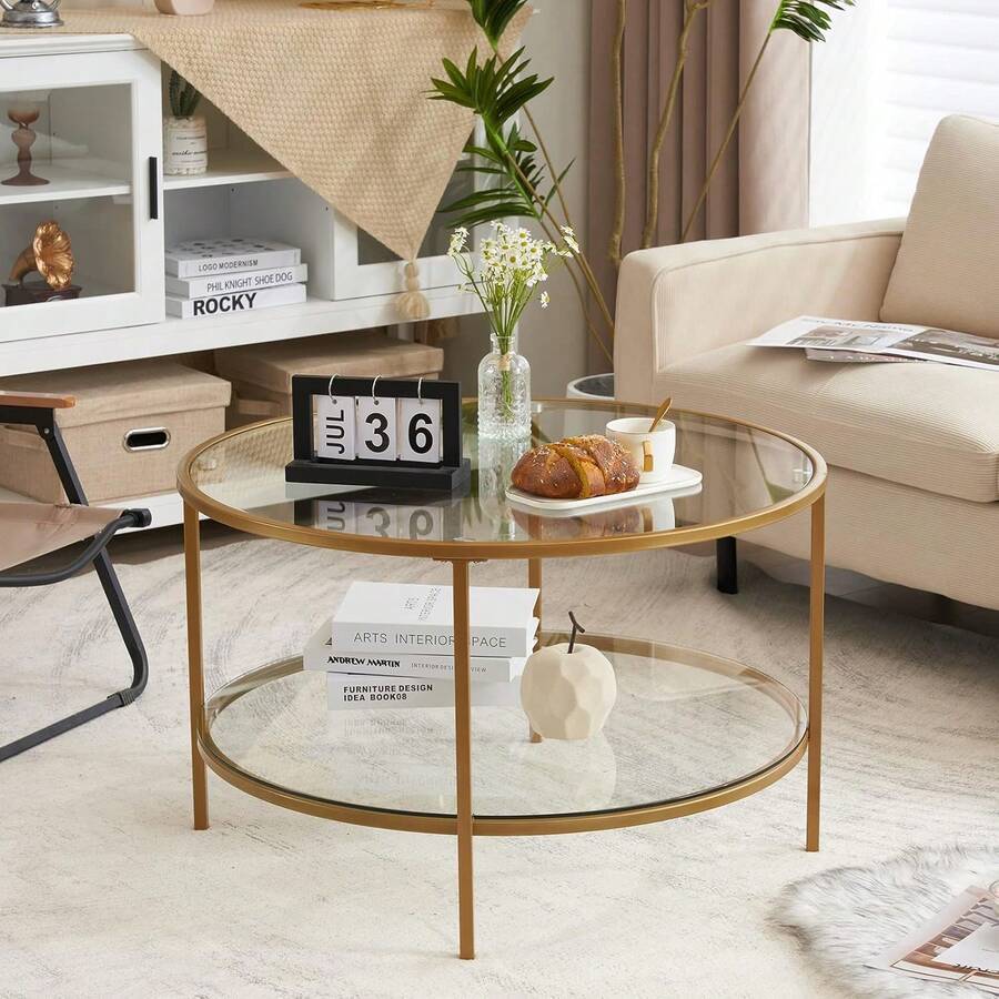 Glass Coffee Table,30" Round Coffee Table Gold Coffee Tables For Living Room,2-Tier Glass Top Coffee Table With Storage Clear Coffee Table,Simple & Modern Center Table Mesa De Centro Para Sala - Clear-matte Gold - View 1