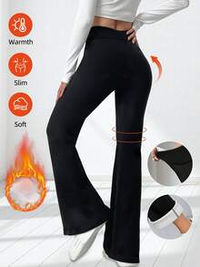 Women's Thick Flare Pants, Black Winter Leggings, Casual Outfit - Warm Flare Pants Design, Comfortable Wear, Fashionable, Suitable For Women, Durable Fabric, Suitable For Sports Enthusiasts - Black - View 5