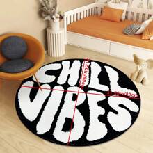 1pc Black & White "Chill Vibes" Letter Print Round Rug, Fine Yarn Faux Wool Texture, Rubber Non-Slip Backing, Suitable For Indoor, Bedroom, Bedside, Living Room, Office Decor, Soft & Comfortable, Fashionable Home Decor, Exquisite Gift, Holiday Decoration, Machine Washable