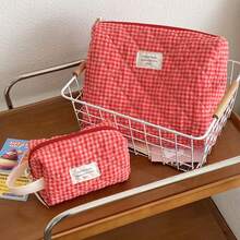 3pcs Red Plaid Makeup Bag Set, Large Capacity Cosmetic Organizer Pouch, Quilted Toiletry Bag,Back To School,Bedroom Room Decor,Back To School - Red - View 2