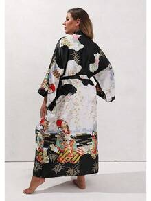 Women's Floral Long Satin Robes Plus Size Long Silk Robes Peacock Floral Kimonos Sleepwear Dressing Gown - 圖案 | 黑色 - 查看 5
