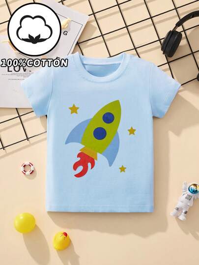 1 pieza Camiseta casual de manga corta con cuello redondo para niños pequeños con estampado de cohete, de moda para primavera/verano