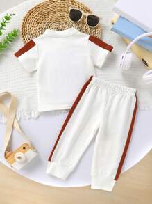 2pcs/Set Casual Cute Newborn Baby Boy Sports Outfit Set, Soft, Breathable, Comfortable, Funny Print Contrast Color Placket Collar T-Shirt And Letter Printed Pants