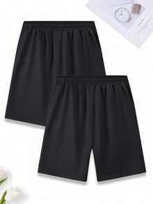 2 件套男士夏季休闲运动短裤，适合锻炼，配有可调节抽绳腰带、侧袋，采用吸湿排汗针织面料制成，柔软舒适，非常适合健身、篮球、训练、跑步、锻炼、街头风格、露营、徒步旅行、户外活动和日常穿着 - 黑色 - 查看 2