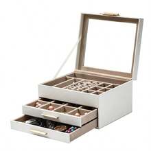 SONGMICS 三层首饰盒，带玻璃盖，双抽屉设计，适合收纳大小首饰，现代风格，尺寸：8 x 9.1 x 5.3 英寸，云白色和金色 UJBC239WT - 彩色 - 查看 3