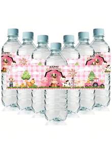 10张粉色农场动物生日水瓶标签，可爱农场猪牛图案瓶贴，农舍主题生日派对水瓶贴纸，儿童生日派对用品 - 彩色 - 查看 3