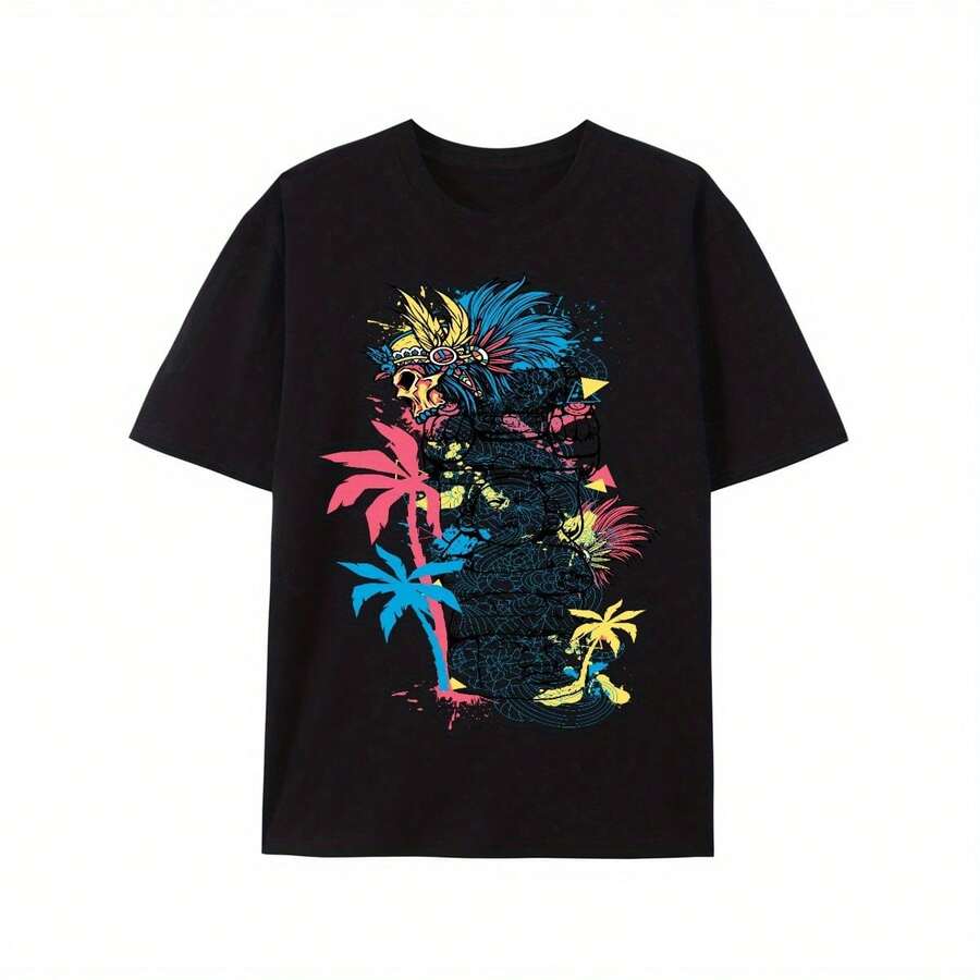 Natee Neon Dragon And Palm Trees Graphic Tee, Men' S Vintage Graphic T- Shir, 100% Cotton Regular Fit Short Sleeve Shirt For Casual Outings & Daily Wear, Street Style Clothing, Fashion Tee As Gift - Black - View 1