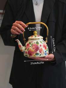 1 pieza Tetera vintage de alta gama con diseño de rosa de mediados de verano, estilo retro nórdico con gran capacidad, asa y borde de metal dorado. Tetera multiusos portátil resistente a altas temperaturas para café, té de flores, té con leche, leche, aceite, vinagre, agua fría, decoración del hogar, fiestas de cumpleaños, reuniones festivas, botellón de agua para picnic al aire libre y camping, artículo escolar