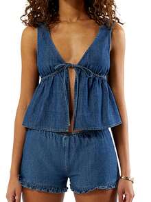 Women Denim Outfit Solid Deep V Neck Tie Front Tank Tops Elastic Waist Ruffle Shorts 2 Piece Summer Set - 藍色 - 查看 7