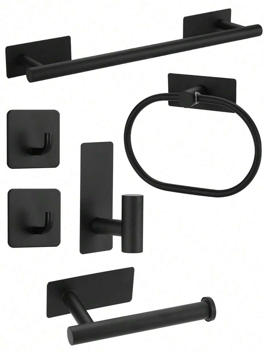 Juego de 6 piezas de toallero de baño sin perforación, anillo para toallas, portarollo de papel higiénico, gancho para abrigos y sombreros, juego de ganchos de pared montados - Negro - Ver 1