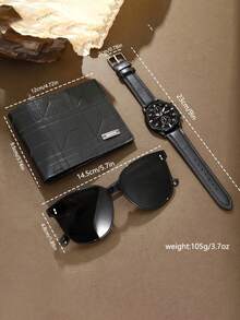 3 件套男士商务时尚钱包 + 时尚石英腕表 + 太阳镜，礼盒套装，情人节/父亲节送给他的完美礼物