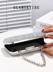 1pc Crystal Decor Evening Clutch Bag For Women, Featuring Gemstone Metal Chain, Shiny Box-Shaped Bag, Perfect For Charming, Bridal Wallet, Wedding, Party, Prom, Nightclub, Birthday Gift, Valentine's Day Gift, Gathering, Crossbody Bag, Handbag, Clutch, Cosmetic Bag