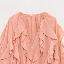 HH 2025 春季女款优雅V领衬衫单排扣女式长袖层叠装饰纯色衬衫 - 藕粉色 - 查看 5