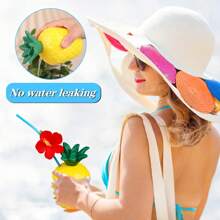 Juego de decoración para fiesta hawaiana - Vaso de coco de plástico de gran capacidad con pajita, diseño tropical de flores y piña, reutilizable, apropiado para celebraciones temáticas, decoración de fiestas | Tema tropical | Vasos de fiesta reutilizables fáciles de limpiar, accesorios para la piscina | Estilo tropical | Vasos de plástico duraderos, decoración de fiesta hawaiana