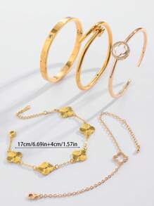 Set de 5 piezas de brazaletes de joyería con adorno de trébol dorado de moda casual, adecuado como regalo para mamá, amigos, familia, esposa, novia, compañeros de clase para festividades