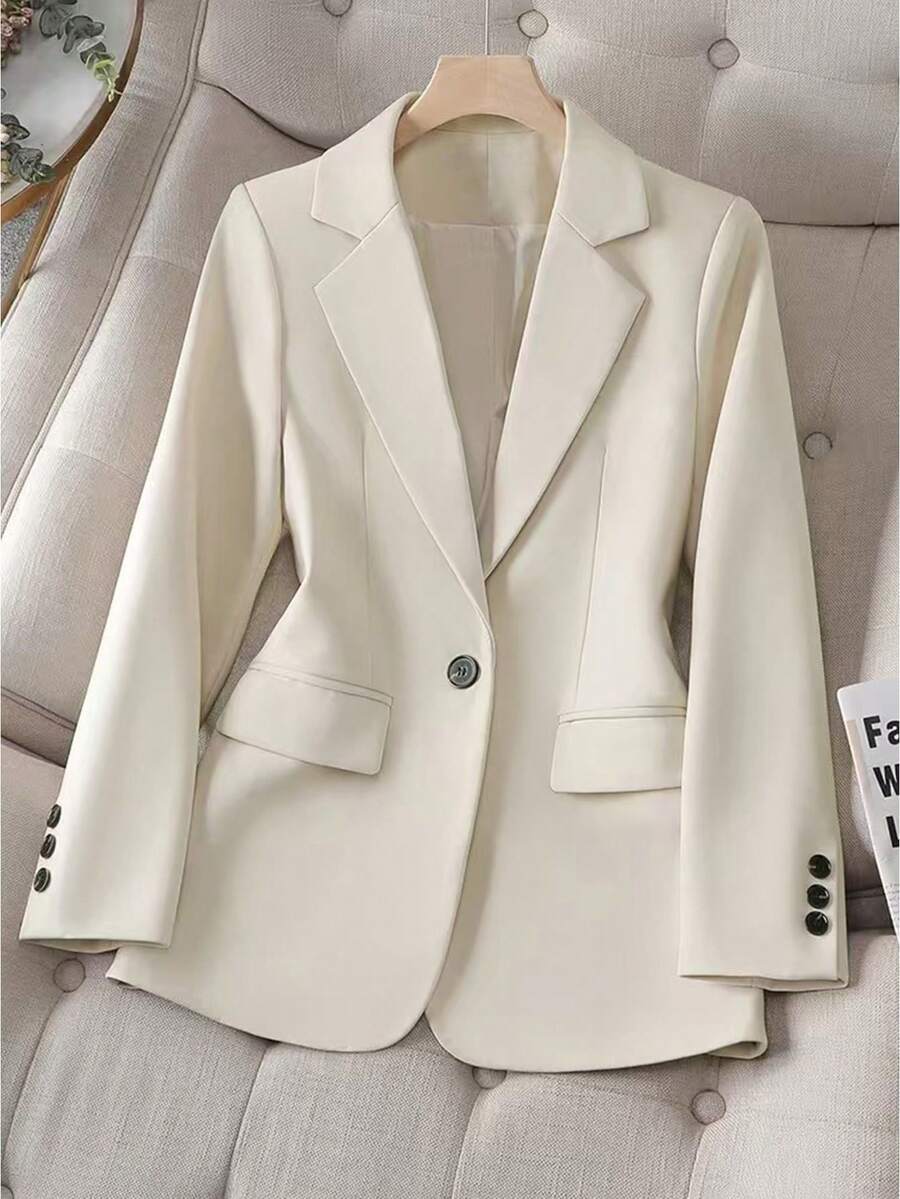 Women's Solid Color Lapel Long Sleeve Single Button Casual Commuter Suit Jacket, Autumn And Winter (With Lining) - Apricot - View 1