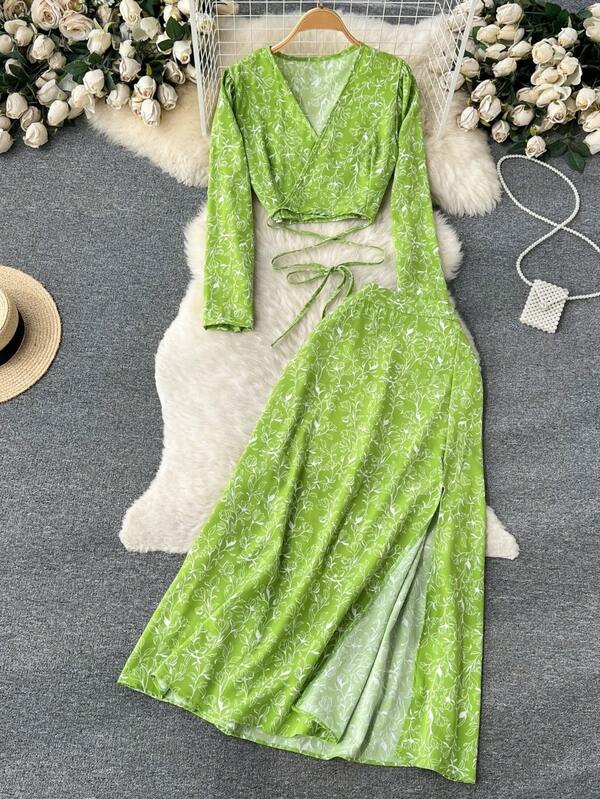 2 Stücke Set Damen Vintage Blümchen Langarm V-Ausschnitt Top + Spaltrock mit A-Linie