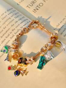 1pc Travel Souvenir Charm Bracelet, Fashion Map & Star Bracelet, Retro Statue Of Liberty Bracelet, Classic Lock Ladies Bracelet