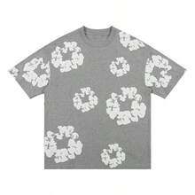 New Men's Women's Same Casual Loose Kapok Foam Printing Short-Sleeved T-Shirt With Shorts Set  Floral  All Over Print  Casual   Vestidos De Verano - 灰色短袖 - 查看 1