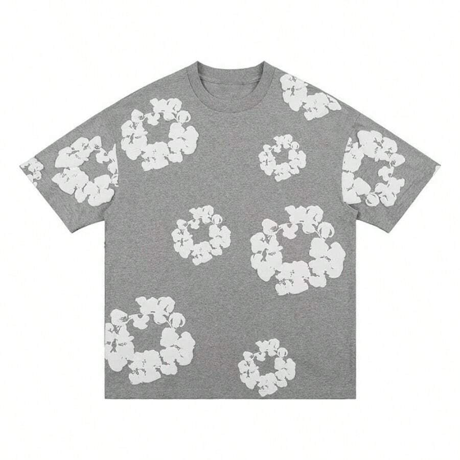 New Men's Women's Same Casual Loose Kapok Foam Printing Short-Sleeved T-Shirt With Shorts Set  Floral  All Over Print  Casual   Vestidos De Verano - 灰色短袖 - 查看 1