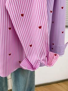 Áo sơ mi nữ cổ polo in hình trái tim kẻ sọc - Áo kiểu tay dài cài cúc dáng casual, thích hợp mặc hàng ngày vào mùa xuân, hè và thu. - Sọc hồng - Xem 10