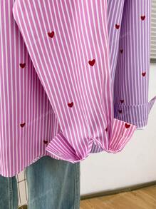 Women's Heart Print Polo Collar Striped Shirt - Casual Button-Up Long Sleeve Vacation Top For Spring Summer Fall Everyday Outfits