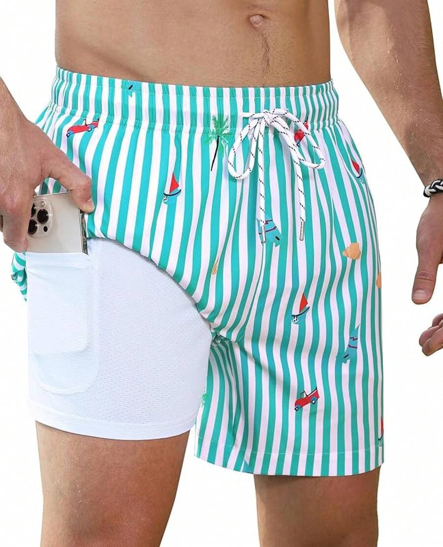 Mens Swim Trunks With Compression Lined Short Bathing Suits For Men 5 Inch Inseam Liner Men's Swimming Trunk - Green - View 1