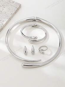 时尚合金水滴元素耳环、戒指、手链、波浪形吊坠项链套装，适合女性日常佩戴、节日、礼物、海滩派对 - 銀色 - 查看 3
