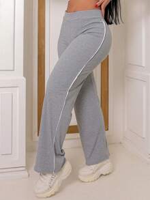 Women's Ribbed Pants With Side Detail White Cotton And Elastane Comfortable Casual Women's Fashion - 灰色 - 查看 2