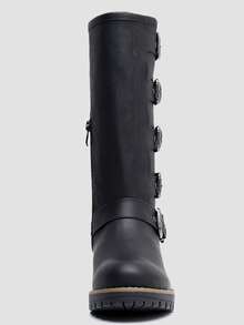 GLOBALWIN Chunky Mid Calf Fashion Dressy Motocycle Biker Military Style Combat Boots For Women Low Heel Fall Boots Halloween Season - 黑色 - 查看 7