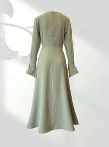 1pc Pea Green Elegant Wedding Guest Long Dress With Long Sleeves For Women,Modest