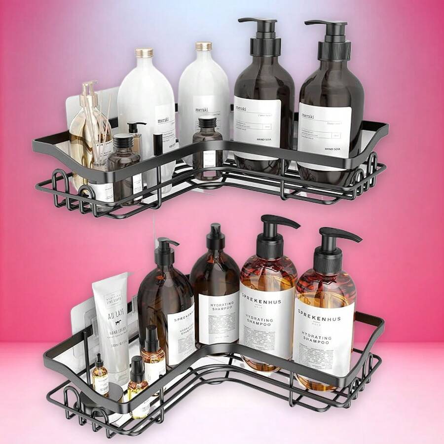 3 Pack Corner Shower Caddy Adhesive Organizer Pink Adhesive Shower Organizer For Bathroom Storage, Rustproof Stainless Steel Shower Shelves, No Drilling, Space-Saving Shower Rack Shelf For Inside Shower, Pink - L-shaped Black of 2 - 查看 1