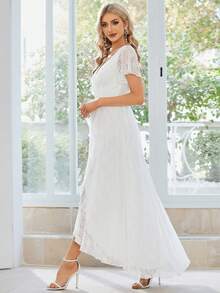 Đầm hè màu trắng tay ngắn cổ chữ V bằng ren kiểu vintage lãng mạn, vạt bất đối xứng, thích hợp cho cô dâu và làm quà tặng. - trắng - Xem 3