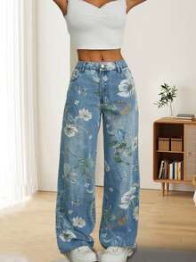 Stylish Floral Print Wide Leg Jeans For Women - Lightweight Mid Waist Denim Trousers - 藍色 - 查看 4