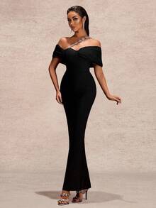 Women's Elegant Asymmetric Rhinestone Embellished Long Sleeve Knit Dress With Zipper, Suitable For Party Occasions Wedding Black - Black - View 4